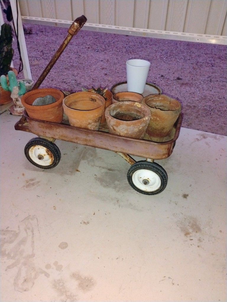 Antique Functional Wagon & 6 Clay Pots
