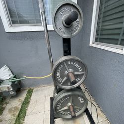 Barbell And Cast Iron Plates 380lbs Total With Rack