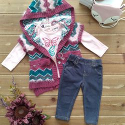 12MOS 3-PIECE SET  PINK LONG-SLEEVE TRI-COLOR BUTTERFLIES  AND CHEVRON KNIT HOODED VEST W/JEGGINGS 