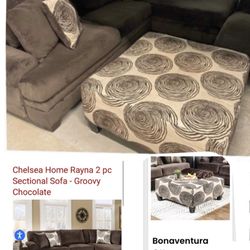2 piece chocolate Groovy Swirl Sectional with oversize ottoman, and chaise lounge