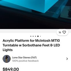 Acrylic Platform for McIntosh MT10 Turntable w Sorbothane Feet & LED Lights