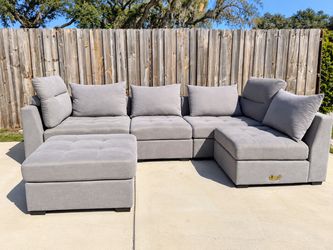 Large Gray Modular Sectional Sofa with Ottoman - Multiple Configurations