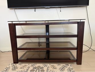 Metal, glass and wood TV stand