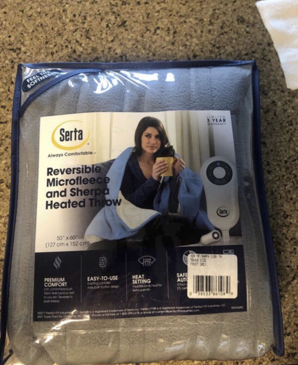 NEW Serta Reversible Heated Electric Throw Blanket, Gray