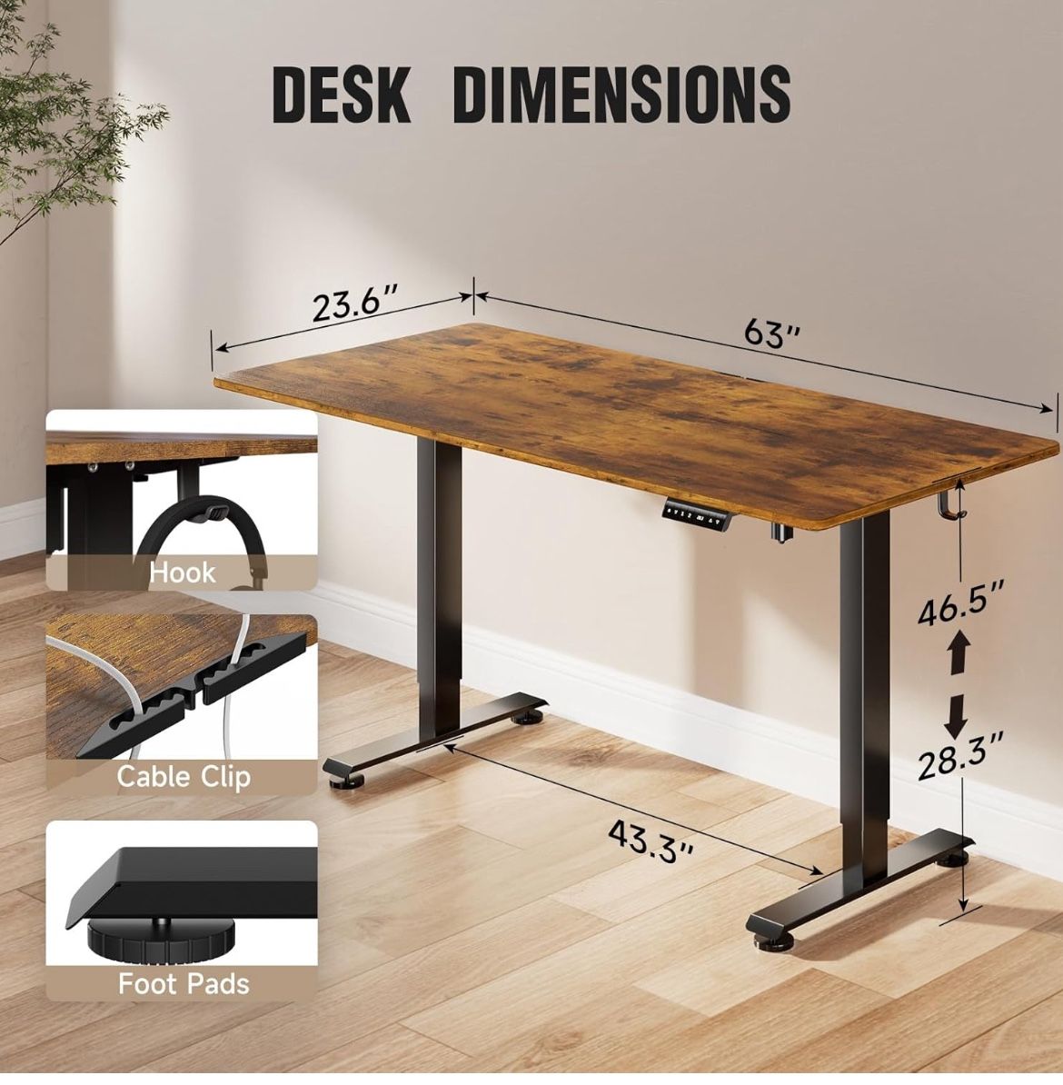 Veken 63 Inch Electric Standing Desk, Height Adjustable Sit Stand Up, Wood Desktop, Work Home Office Computer PC Table, Tall Standup Workstation, Gami