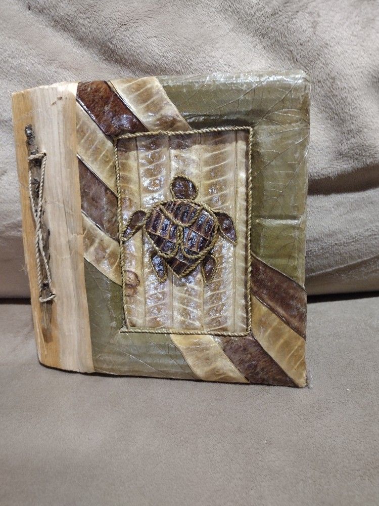Handmade natural turtle Hawaiian photo album. Pressed leaves, twigs. Handmade pa
