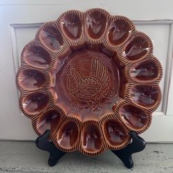 Vintage California Pottery 529 Brown Glazed Deviled Egg Tray w/ Rooster Farmhouse 10 1/4”