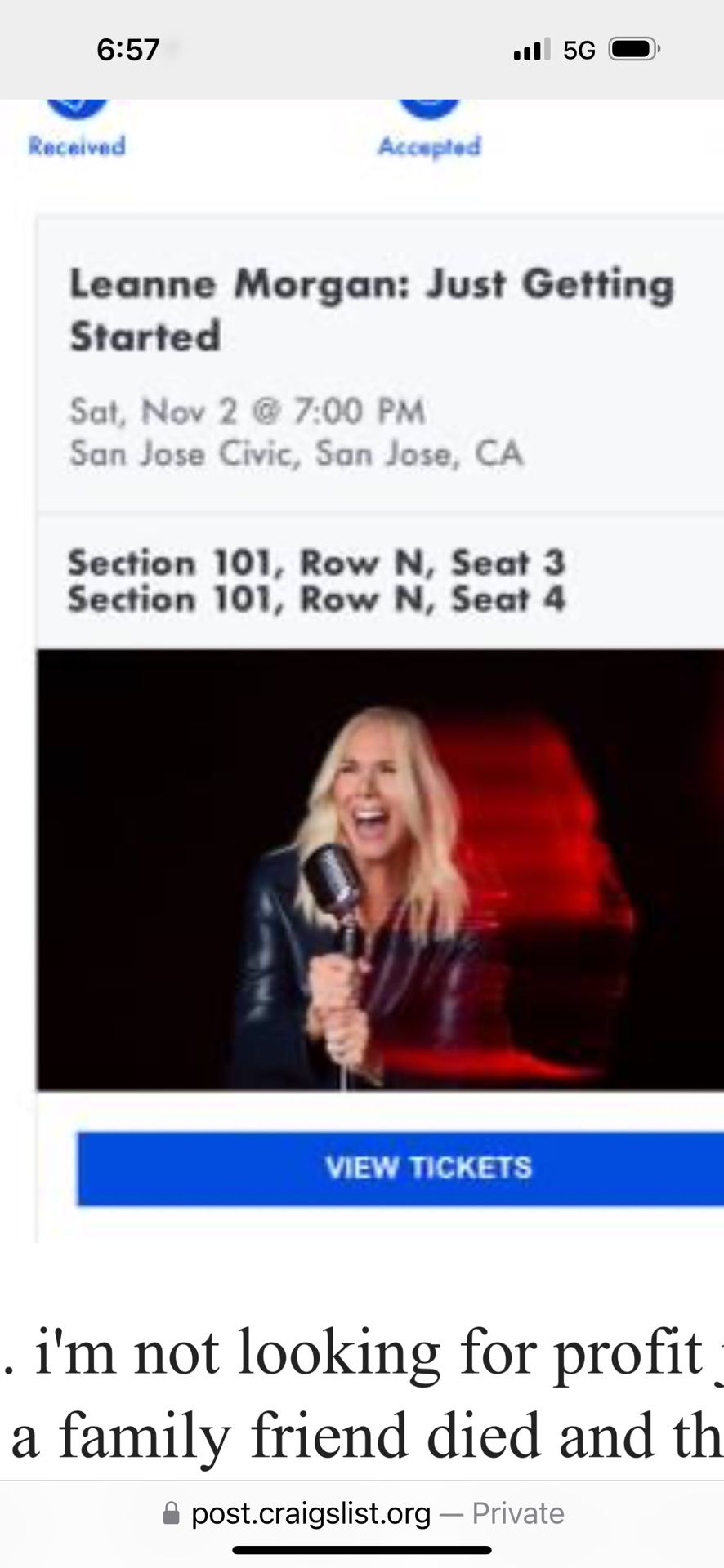 Leanne Morgan tix , 2 paid 500- selling 350