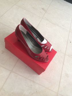 Red leather peep toe wedges