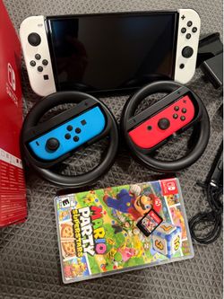 🏎️ 4-PLAYER PARTY BUNDLE: White Switch OLED + Mario Kart 8 + Mario Party + 4 Wheels