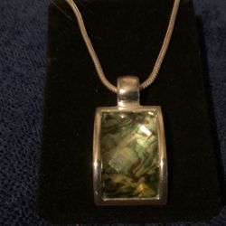 18” Silver Necklace With Green Stone Pendant 