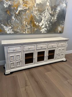 83” Solid Wood Distressed White Dining Server Buffet Sideboard TV Credenza