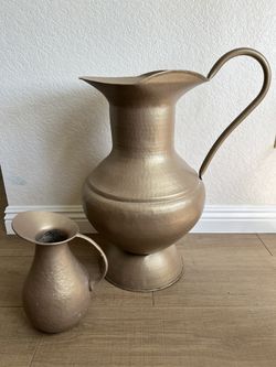 Vintage Antique Copper Brass Silver Plated Pitchers Set
