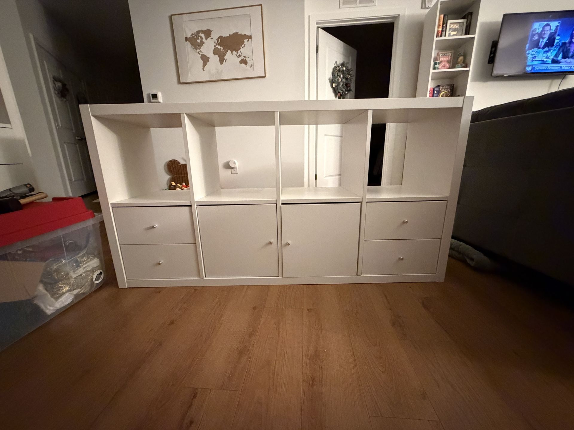 White IKEA KALLAX Shelf + 2 Drawer Inserts + 2 Door Inserts — Great Condition