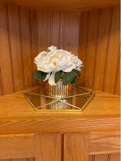 Gold Hexagonal Mirror Tray with flowers