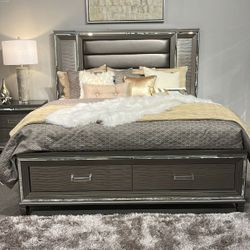 Tamsin Silver-Gray Metallic Queen Platform Bed With Footboard Storage, Led Lighting$10 Down Payment And Financing Available