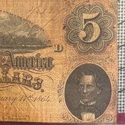 1864 D Confederate five-dollar bill.