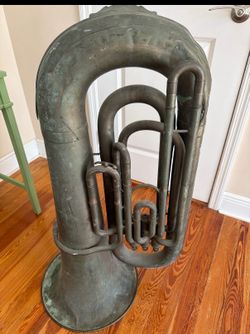 Rare Unique, antique rotary-valve tuba or helicon-style brass instrumen