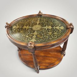 Traditional Oval Accent Table with Gold Tooling & Barley Twist Legs