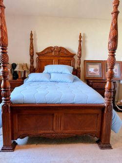 Queen-size bed frame + Mattress and light tables for sale