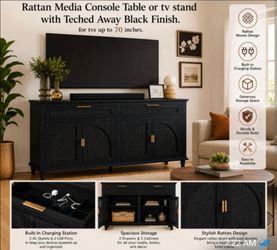 Rattan Media Console Table  or Tv stand with Teched Away Black Finish.  for tvs  up to  70 inches.