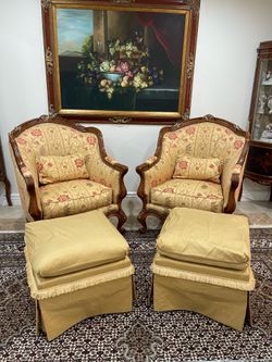 Pair of Gorgeous French Style Walnut Bergere Accent Chairs & Matching Ottomans🌷