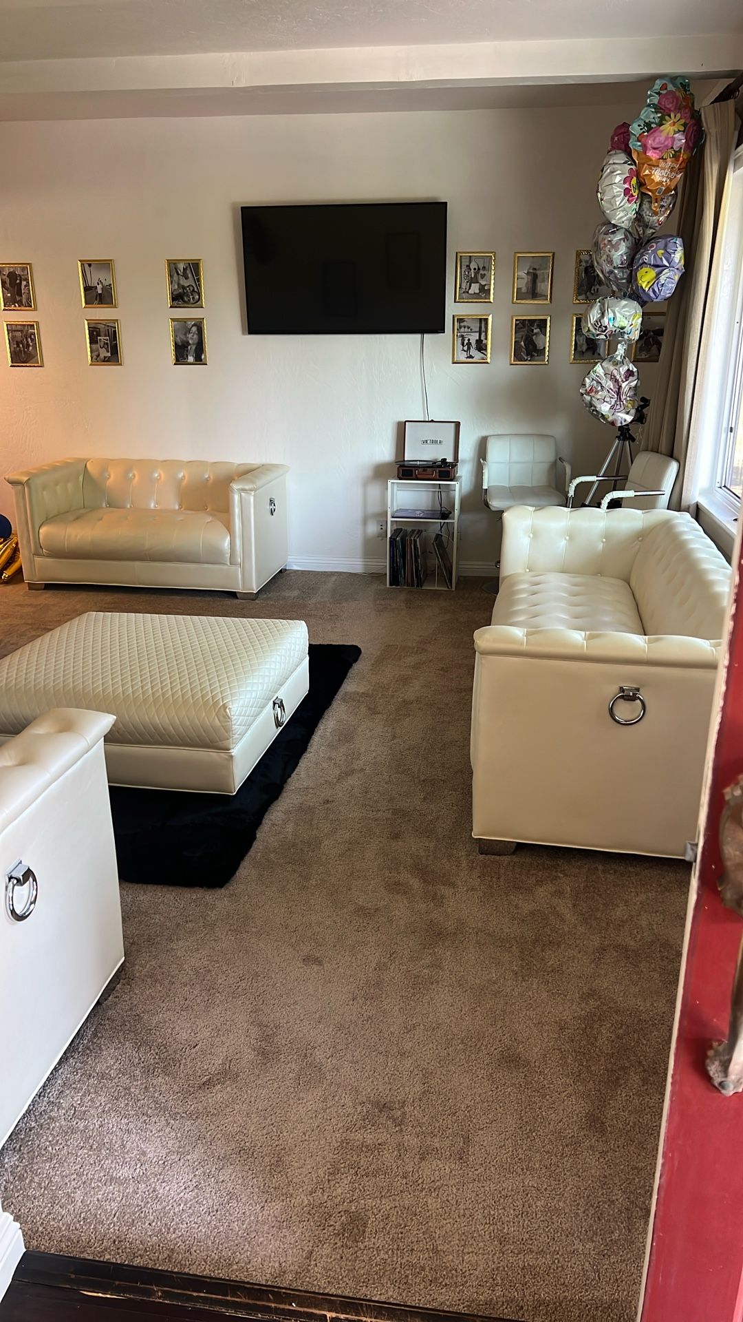 All White Couch Set With Black Rug