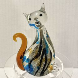 Art Glass Paperweight Tabby Cat Fox Swirl Brown blue silver 6.5”Tall