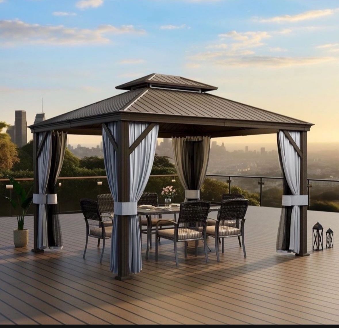10'x12' Hardtop Gazebo Aluminum, Double Roof Canopy with Netting and Curtains, 2-Tier Hardtop Gazebo with Galvanized Iron Aluminum Frame, GardenTent f