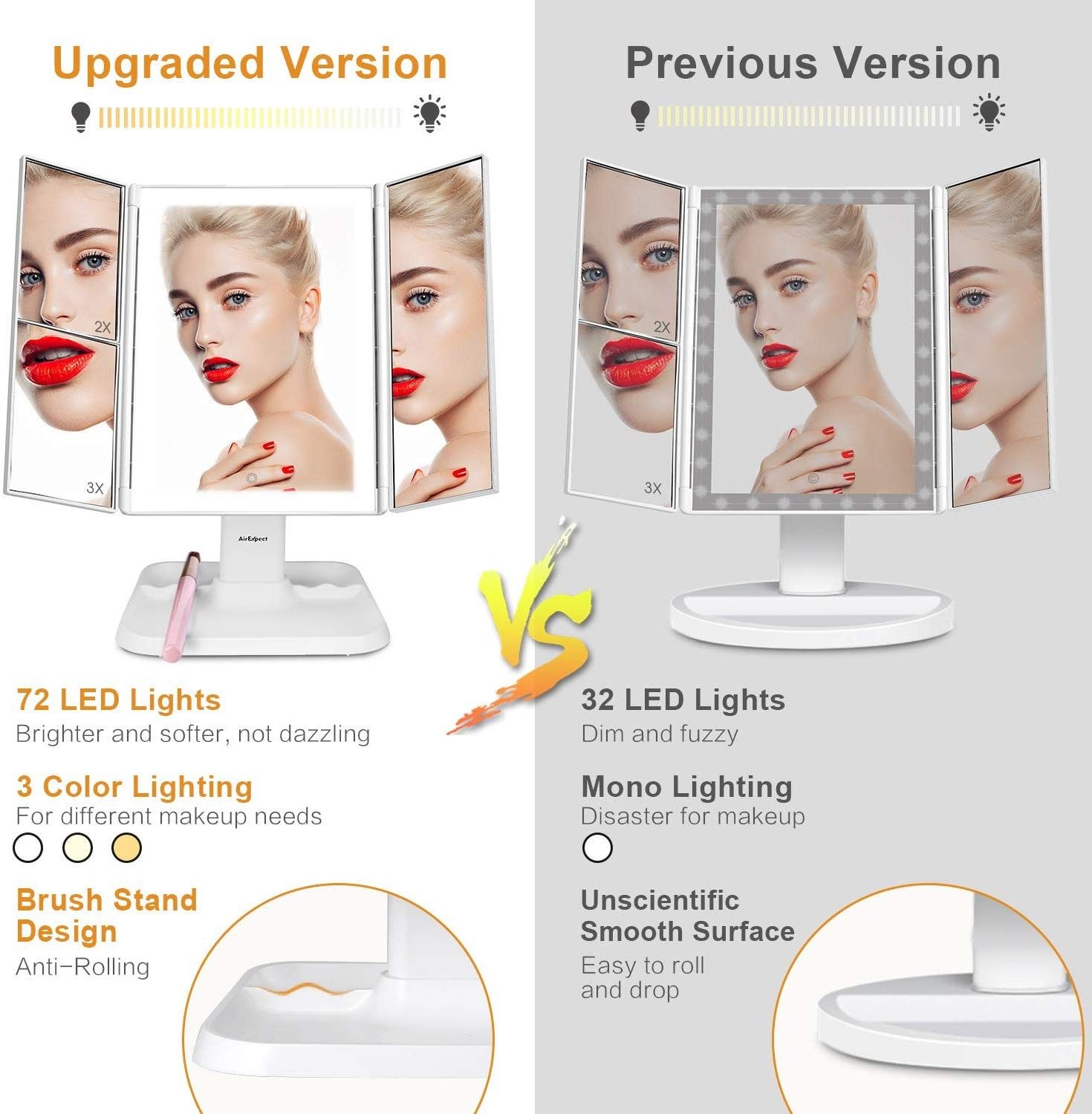 Makeup Mirror Vanity Mirror with Lights - 3 Color Lighting Modes 72 LED Trifold Mirror