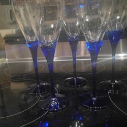 Set Of 5 Vintage Cobalt Blue Stem Wine Glasses