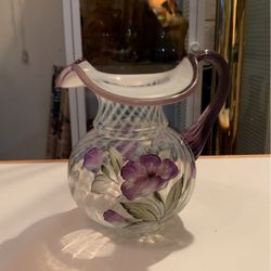 Vintage Fenton Glass Pitcher with Optic Swirl, Purple Handle and Hand Painted Violets by D. Barbour