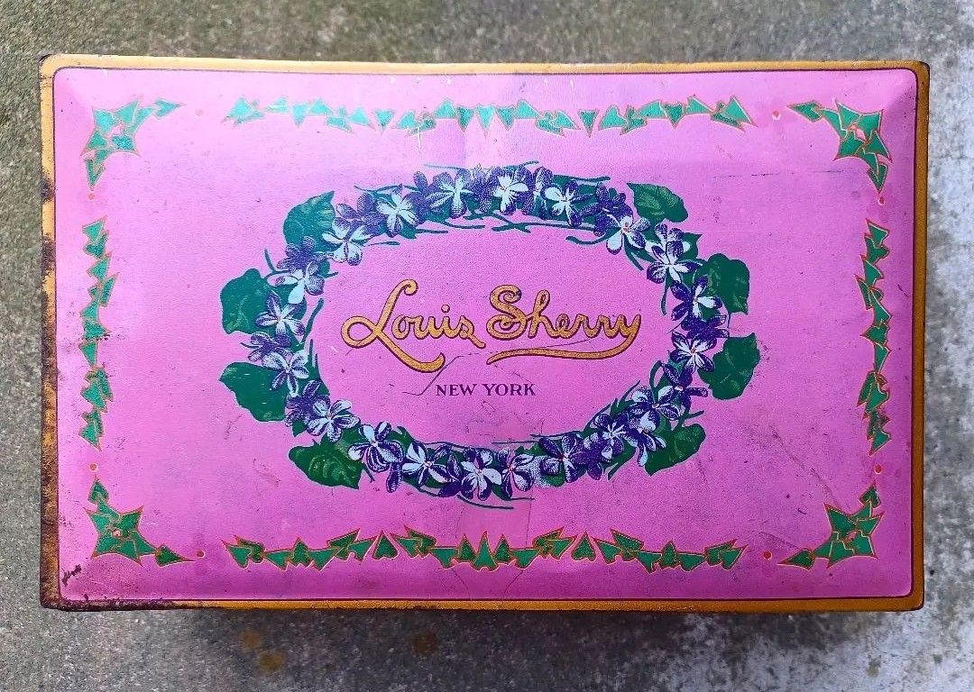 Vintage Midcentury Purple Metal Candy Tin Advertising Louis SHERRY NEW YORK