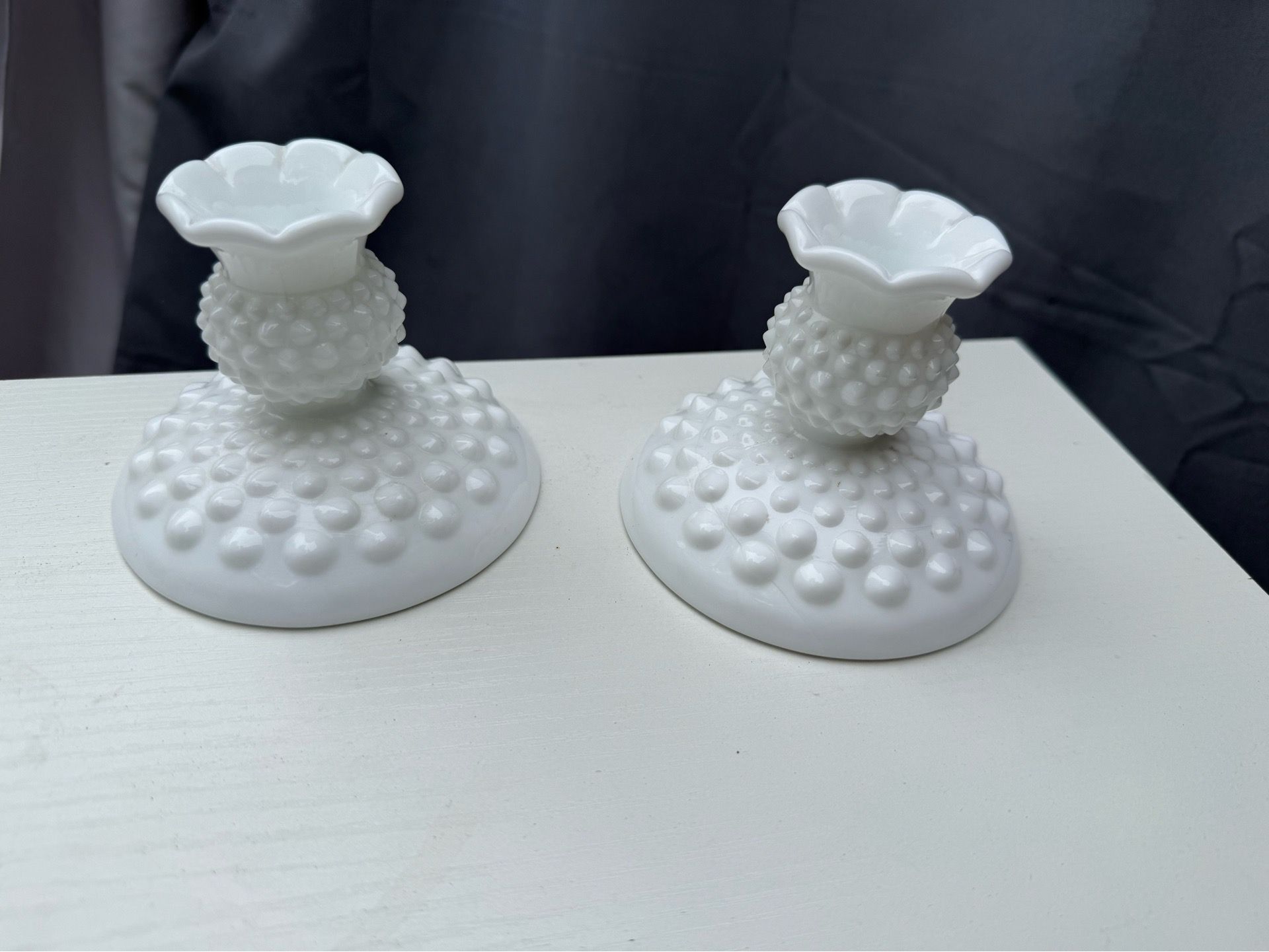 Fenton Hobnail Milk Glass Candlesticks 3½" Ruffled Edge Flat Bottom Pair #3974