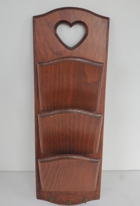Vtg Solid Wood Heart Cutout Letter Mail Shelf Caddy Farmhouse Wall Organizer Key Holder