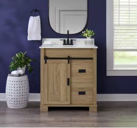 Brindley 30 in. Single Sink Freestanding Aged Oak Bath Vanity with White Engineered Stone Top (Assem