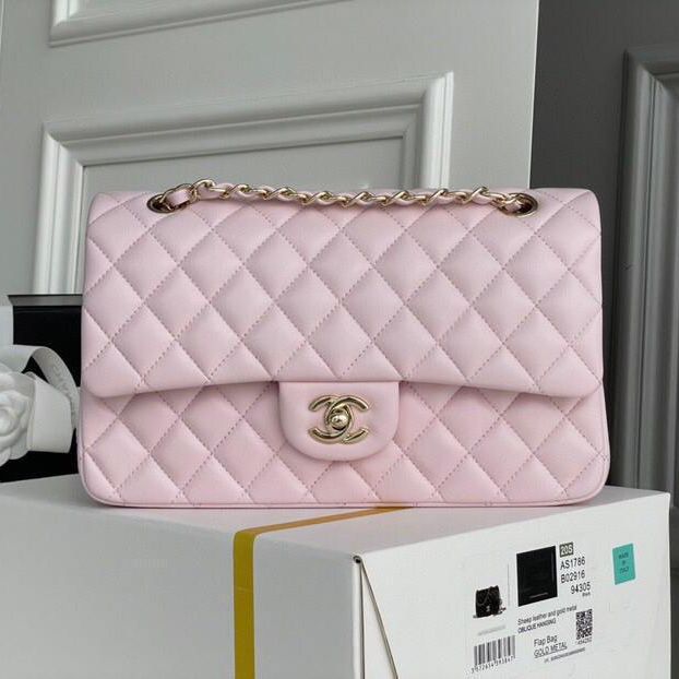 Chanel Iridescent Pink Quilted Caviar Medium Classic Double Flap Gold Hardware, 2018 (Very Good), Womens Handbag