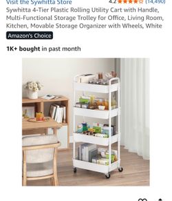 4-Tier Plastic Rolling Utility Cart with Handle, Multi-Functional Storage