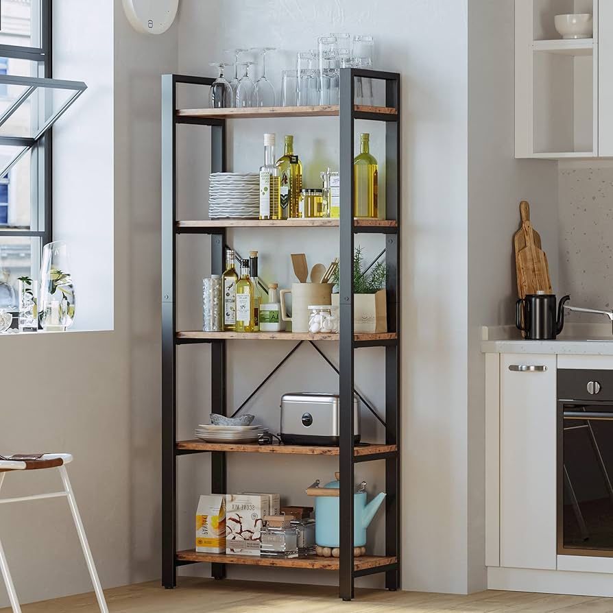Bookshelf 5-Tier Ladder Shelf 110 lbs or Shelf Vintage Industrial Style Bookcase for Home Decor, Office Decor