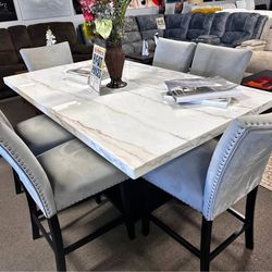 7PC Genuine Marble top Dining table set with padded velvet chairs