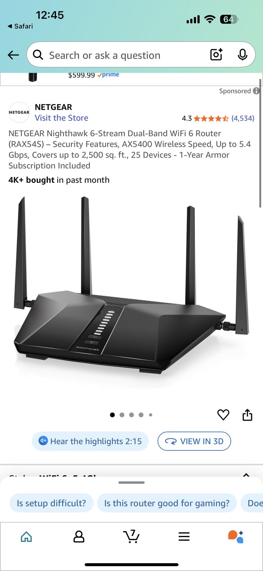 Brand-New NETGEAR Nighthawk RAX54S AX5400 WiFi 6 Router - 5.4 Gbps / ~2,500 sq ft Coverage