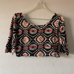 Annabelle, Women’s Black & Multicolor Pattern 3/4 Sleeve Crop Top, Size XL