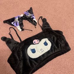 New Kuromi xl black crop top headband Lolita grunge emo goth gothic outfit alt