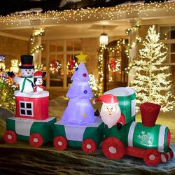 Christmas Inflatables Decorations Santa Claus Snowman Penguin Train 7.87 ft Long Inflatable Train Outdoor Decoration LED Lights 