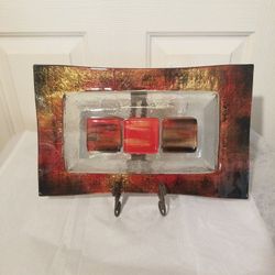 ART Glass 9" X 15" STATEMENT PIECE,  Has A Repair On Backside*  Colorful Glass  Pieces Fused Together With 3 Holes For Dried Flowers.  Stand Included.