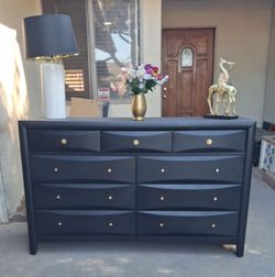 9 Drawer Wood Dresser- Black with Gold