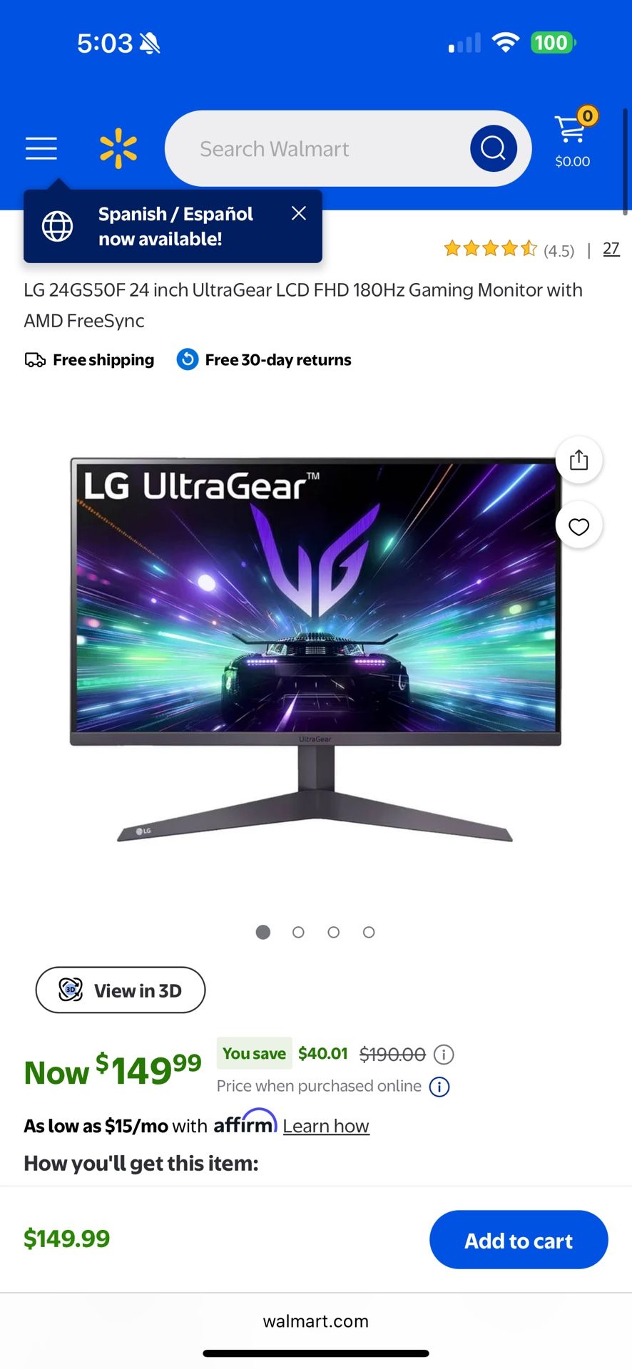 LG 24GS50F 24 inch UltraGear LCD FHD 180Hz Gaming Monitor with AMD FreeSync