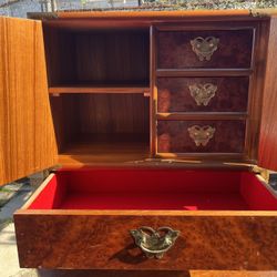 Vintage Teak & Burl Wood Tansu Cabinet Chest Jewelry Box Brass Fittings
