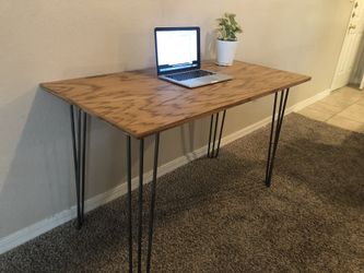 Golden oak modern desk with metal hairpin legs