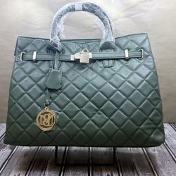 New Sage Green Quilted Tote w/ Lock & Chain Strap
